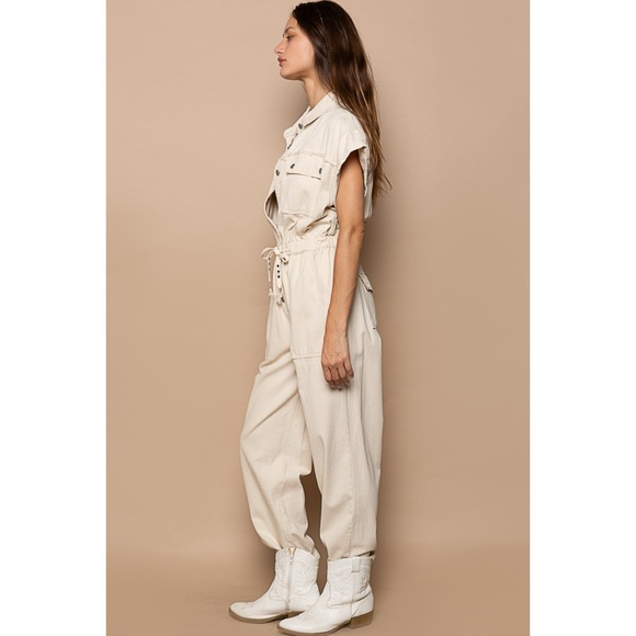 POL Oatmeal Cream Button Front Elastic Waist Short Sleeve Jumpsuit - Picture 6 of 11